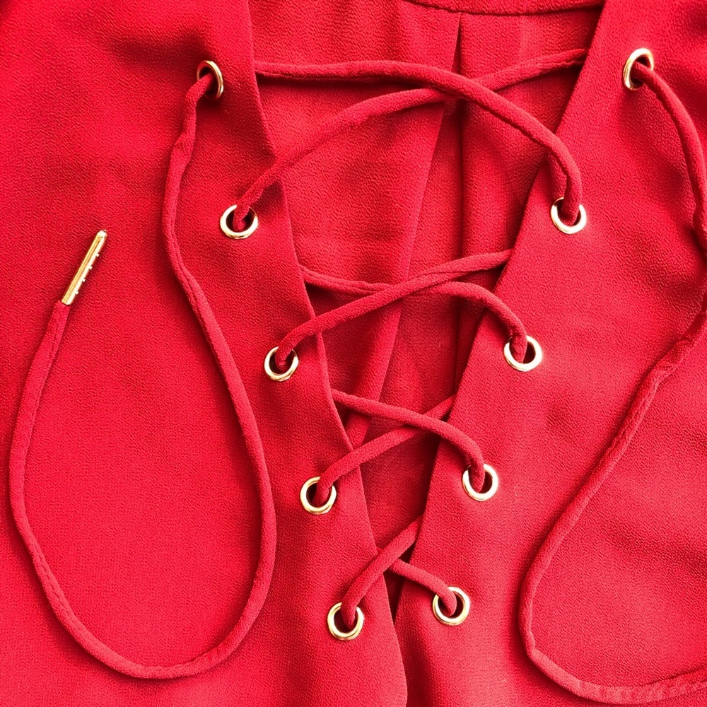 Burgundy Lace-up Bell Sleeve Blouse - Picture 5 of 7